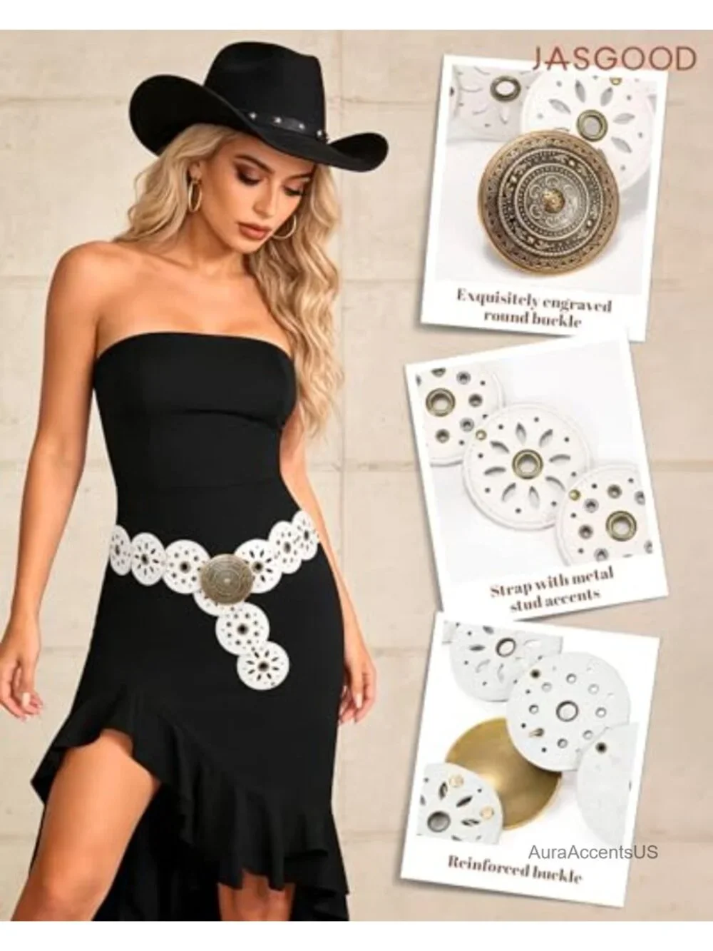 Women's PU Leather Western Cowgirl Disc Belt, Vintage, Rotating Discs